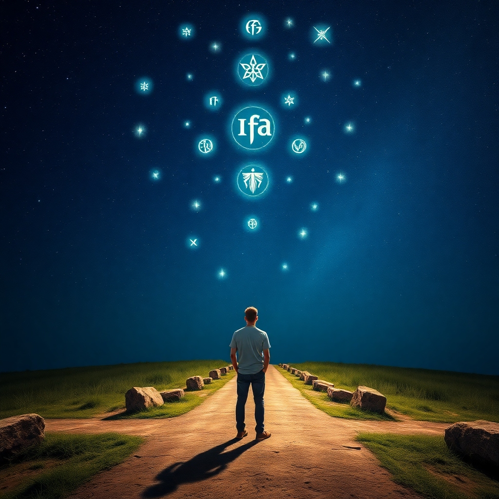 Imagine a person standing at a crossroads, unsure of which path to take. Above them, a constellation of Ifa symbols shines brightly, illuminating the correct path forward. The scene should convey a sense of hope and direction. Use a long exposure to capture the movement of the stars and the clarity of the symbols. Colors should be deep and vibrant. Style: Photorealistic with a touch of surrealism. 4K, High Quality.