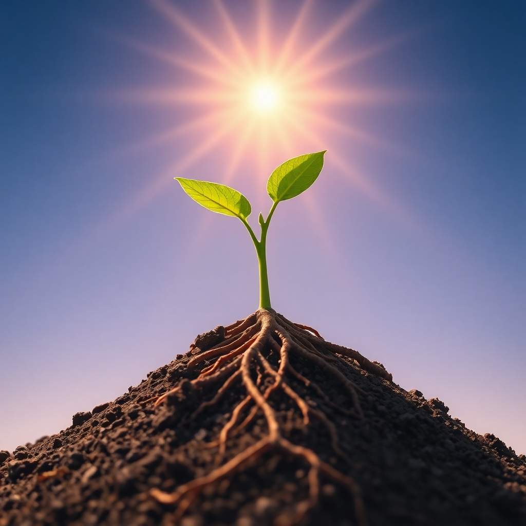 Imagine a seed sprouting from fertile ground, its roots delving deep into the earth, and its stem reaching towards the sky. The seed represents the individual, and the earth represents the wisdom of Ifa. Sunlight filters through the leaves, symbolizing enlightenment. Use a low-angle shot to emphasize the growth and upward movement. Colors should be vibrant and life-affirming. Style: Stylized, with a focus on symbolism. 4K, High Quality.