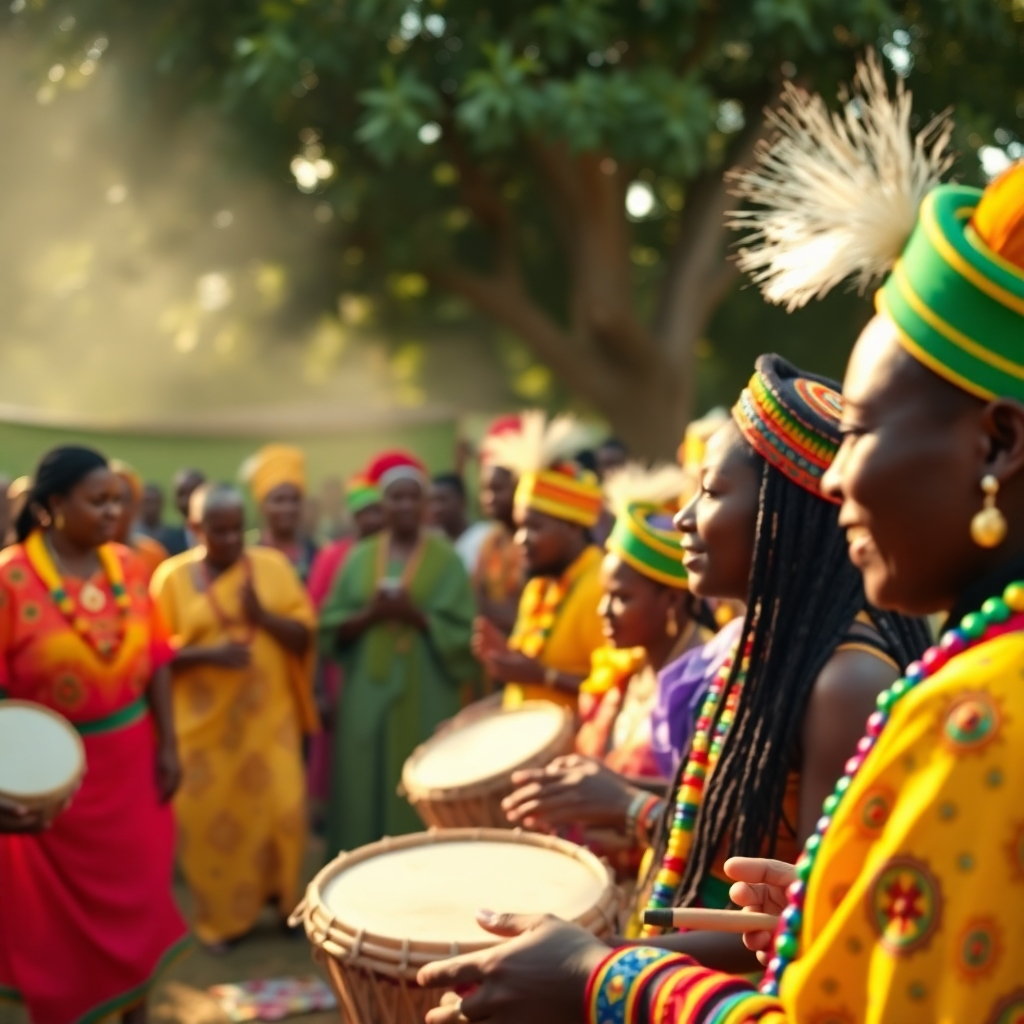 Imagine a vibrant and colorful Ifa ceremony taking place outdoors. Participants are dressed in traditional Yoruba attire, and the air is filled with the sounds of drumming and chanting. The scene should convey a sense of joy, celebration, and deep spiritual connection. The lighting is warm and golden, creating a festive atmosphere. Style: Photorealistic with a focus on cultural authenticity. 4K, High Quality.