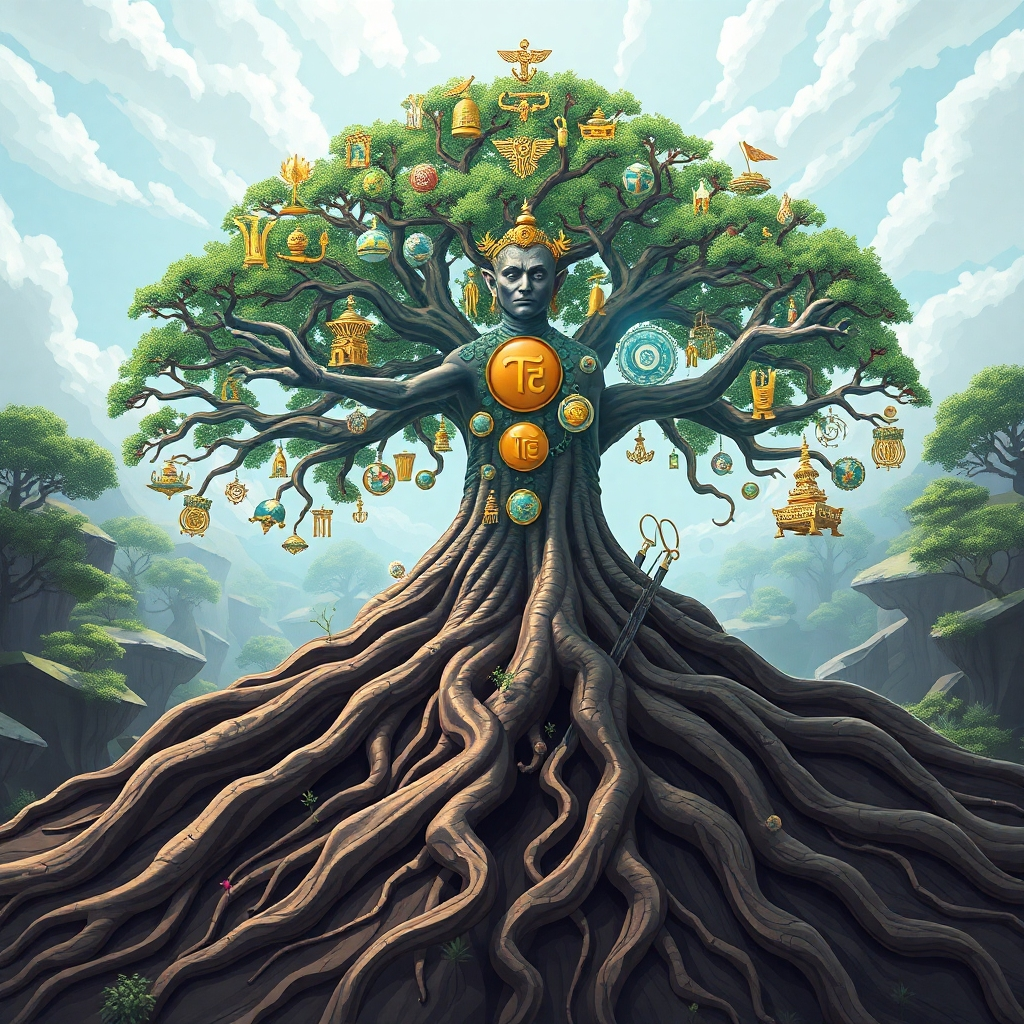 Imagine an ancient tree with deep roots, reaching towards the sky. The tree is adorned with both traditional Ifa symbols and futuristic technology. The scene should convey a sense of resilience, adaptability, and innovation. Style: Stylized, with a blend of ancient and modern elements. 4K, High Quality.