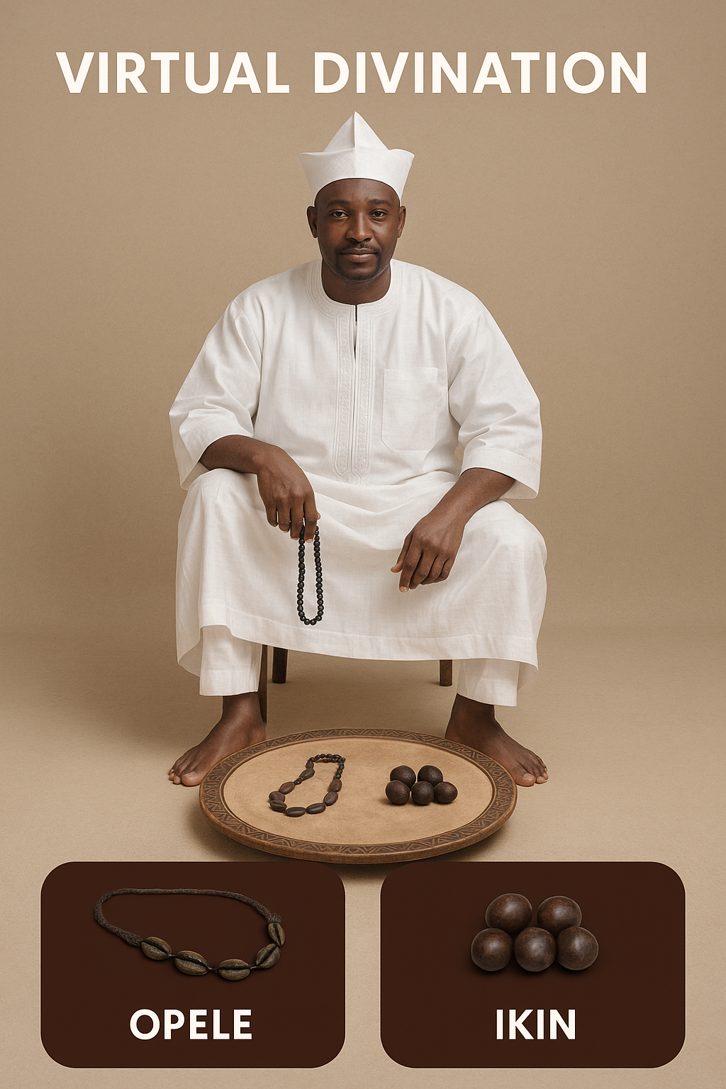 A close-up shot of hands holding divination beads (opele) over a glowing laptop screen displaying Ifa symbols. The ambient lighting is soft, creating a mystical atmosphere. The focus is sharp on the hands and the screen, blurring the surrounding environment. The image should convey the intersection of ancient tradition and modern technology. Colors: Earthy tones mixed with the cool glow of the screen. Style: Photorealistic with a touch of digital enhancement. 4K, High Quality.
