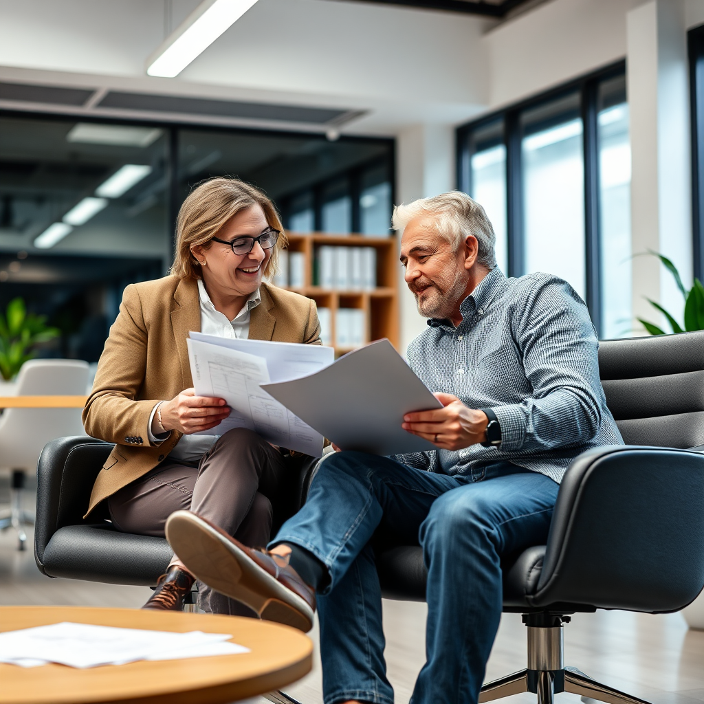 Photorealistic image of a mentor and mentee sitting together, discussing business plans. Modern office setup, positive interaction between mentor and mentee, bright lighting. Style: Professional mentorship image.