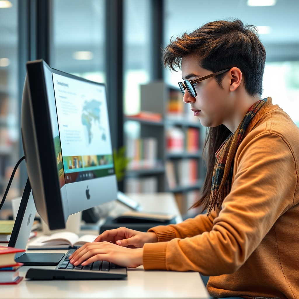 Photorealistic image of a student using a computer for research, with books in the background, symbolizing access to resources. Modern, student-friendly workspace, focused study environment. Style: Educational resources image.