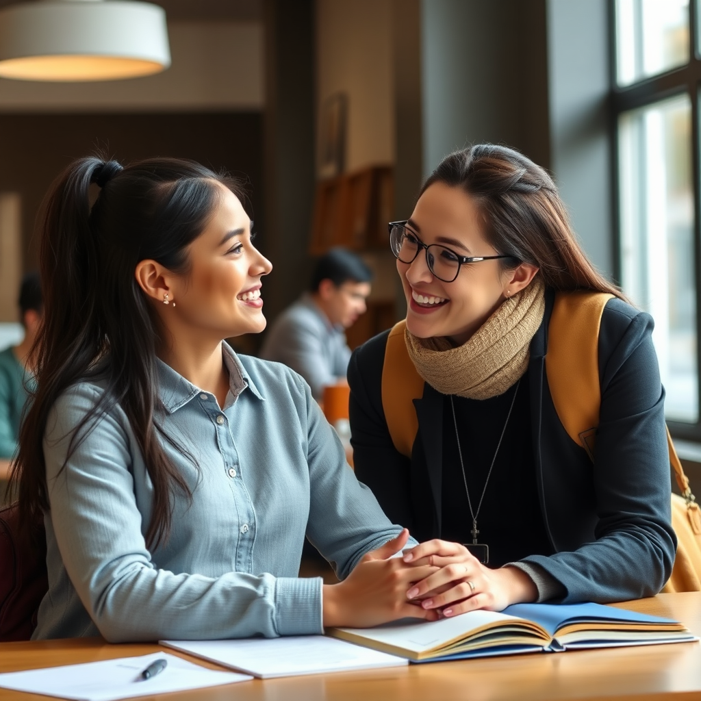 Photorealistic image of a student interacting with a mentor in an academic setting. Supportive interaction, positive engagement, academic support. Style: Mentorship success.