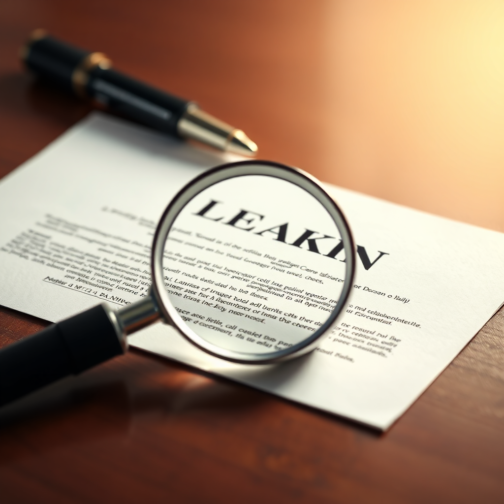 Photorealistic image of legal documents being reviewed under a magnifying glass, symbolizing protection. Crisp, clean document, clear focus, warm lighting. Style: Professional legal image.