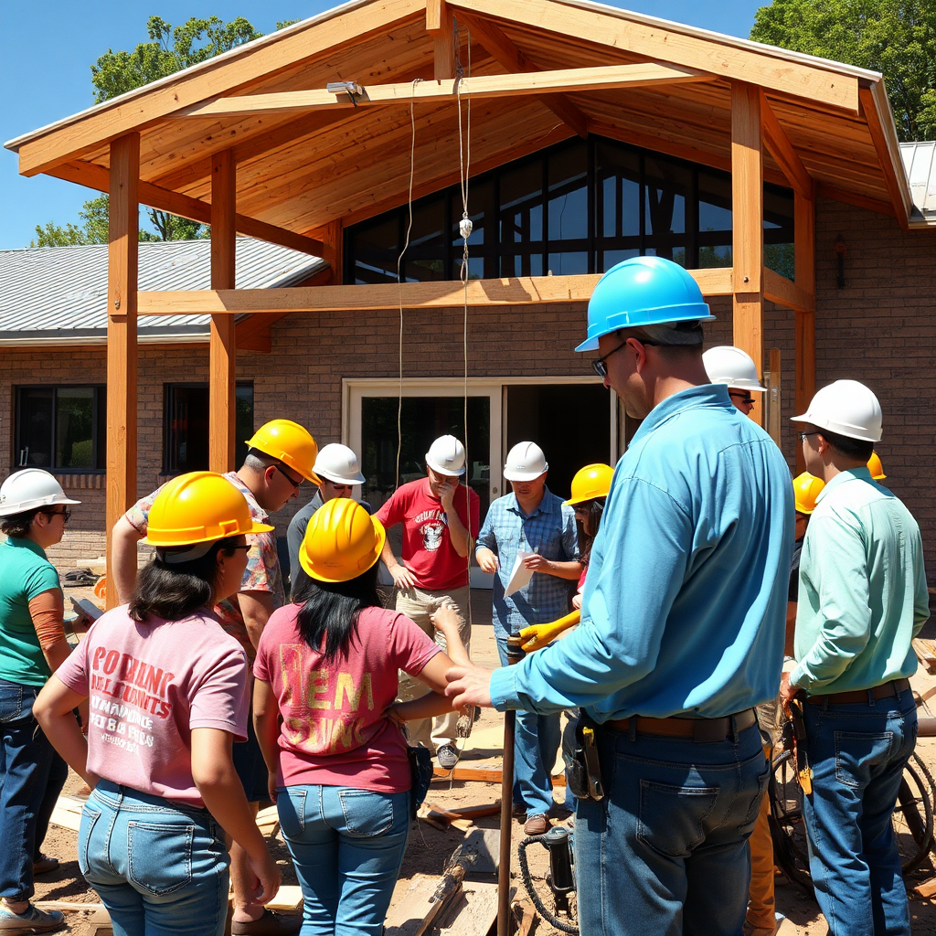 Photorealistic image of people working together on a construction project, building a community center. Group collaboration, hard hats, construction tools, bright and sunny day. Style: Community project in progress.