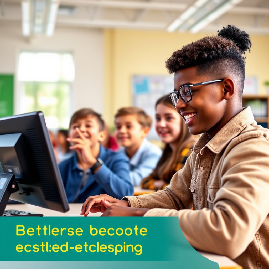 Photorealistic image of students in a classroom with updated technology, symbolizing access to better education. Bright, cheerful, modern classroom. Style: Educational enhancement support.