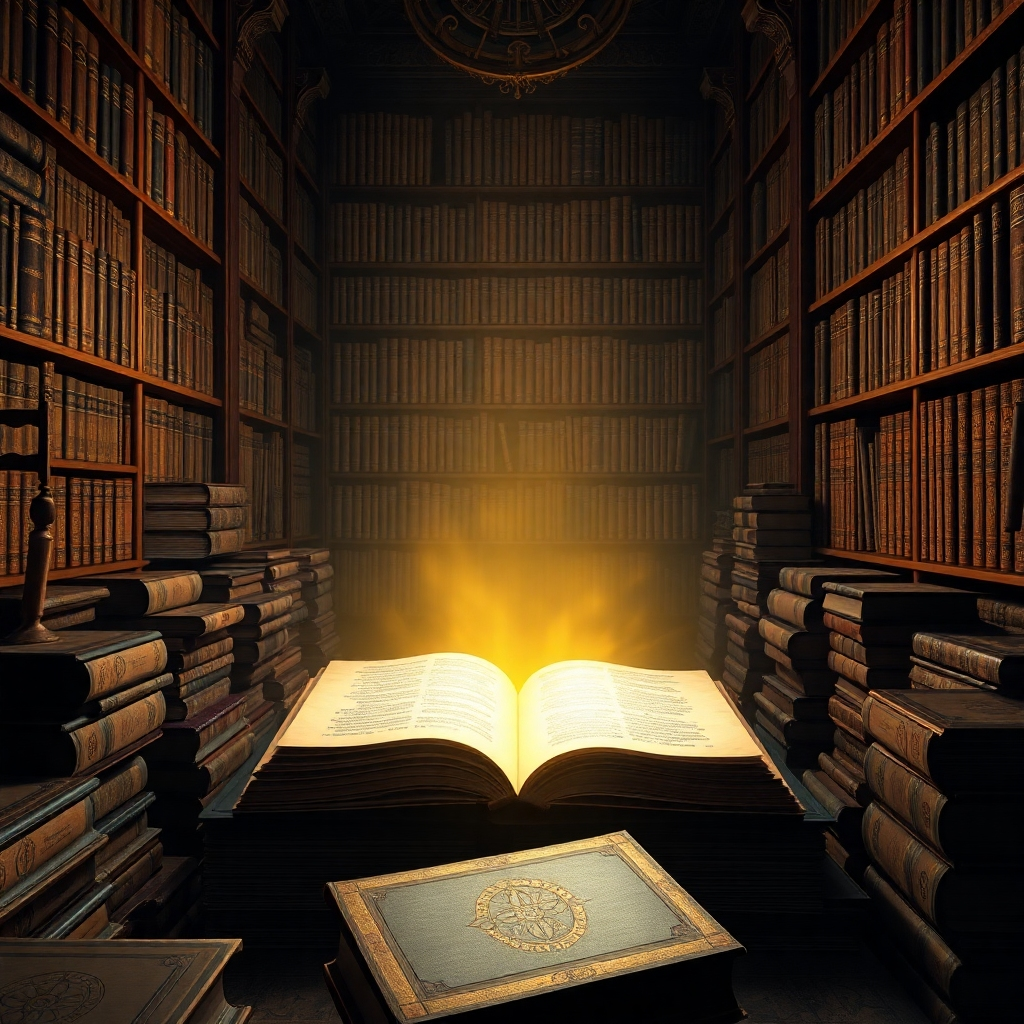 Picture an ornate, ancient library filled with countless books. One particular book, prominently displayed, radiates a soft, golden light, symbolizing the Odu Ifa. The spines of the surrounding books are subtly inscribed with various Ifa symbols. Focus on the details of the illuminated book – its aged pages, intricate bindings, and the aura of wisdom it exudes. The lighting should create a sense of reverence and mystery. Style: Photorealistic with a touch of magical realism. 4K, High Quality.