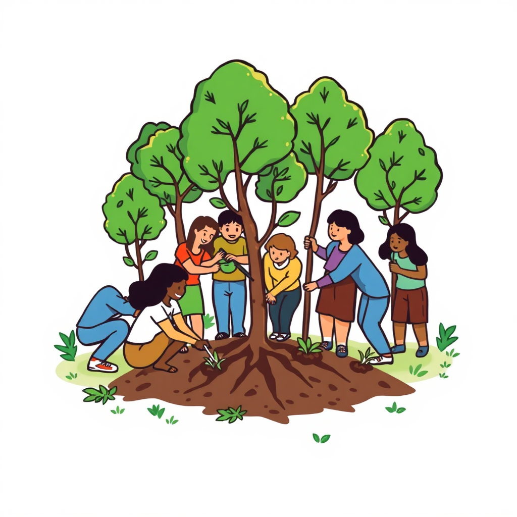 Stylized image of a group of people planting trees, symbolizing growth and empowerment. Green trees, healthy environment, diverse team. Style: Community development illustration.