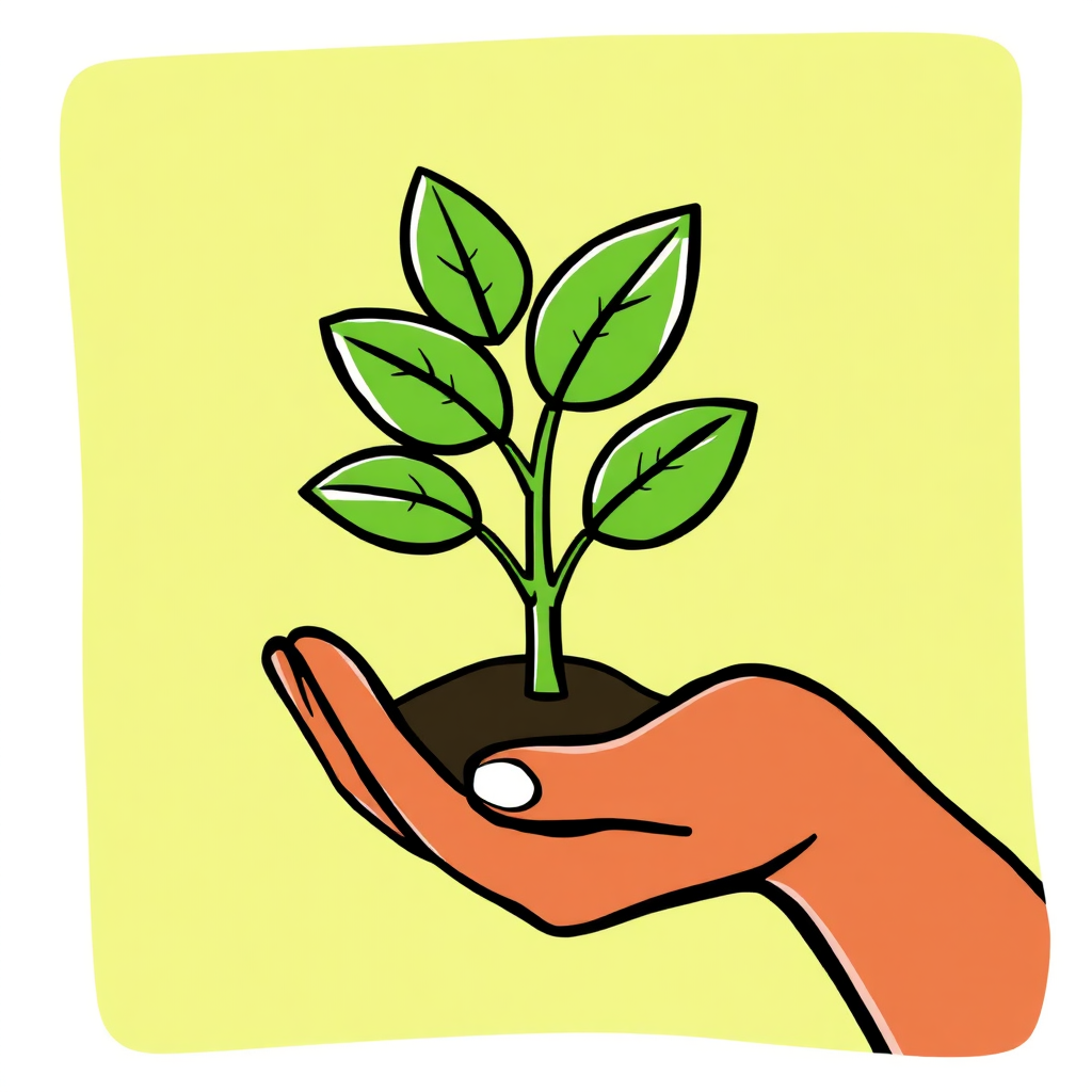 Stylized image of a hand holding a growing plant, symbolizing the management and growth of assets. The plant is vibrant and healthy. Green leaves, bright background. Style: Illustration with asset growth concept.