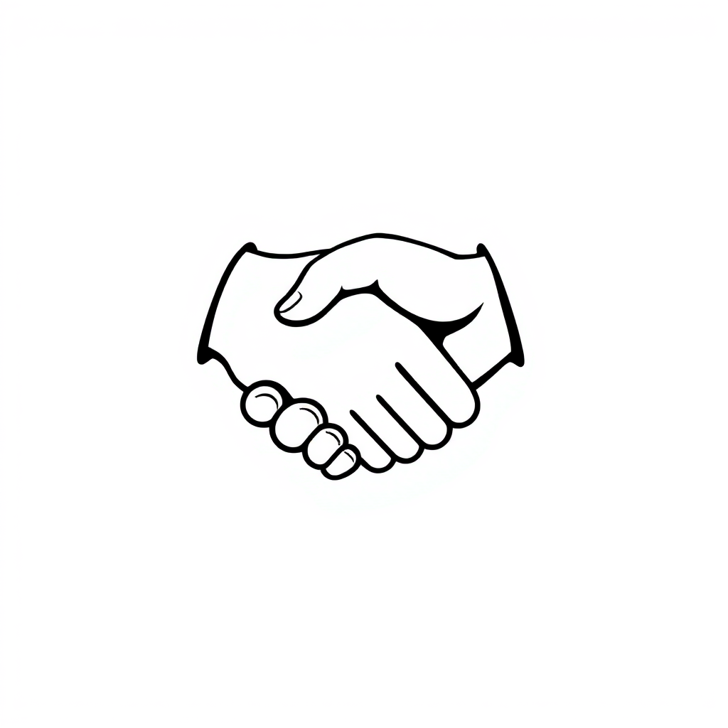 Stylized image of two hands shaking, symbolizing agreement and peace. Clean background, focus on the hands, bright lighting. Representing mutual respect and understanding. Style: Minimalist, symbolic representation of peace and agreement.