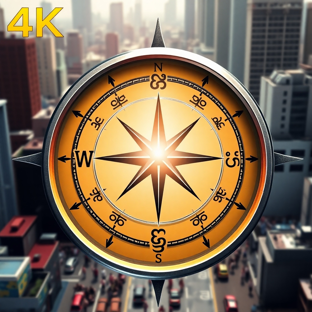 Visualize a compass with the cardinal directions replaced by Ifa symbols. The needle points towards a radiant light, symbolizing the path to enlightenment. The compass is set against a backdrop of a diverse and vibrant city, representing the challenges and opportunities of modern life. Style: Stylized, with a focus on direction and guidance. 4K, High Quality.