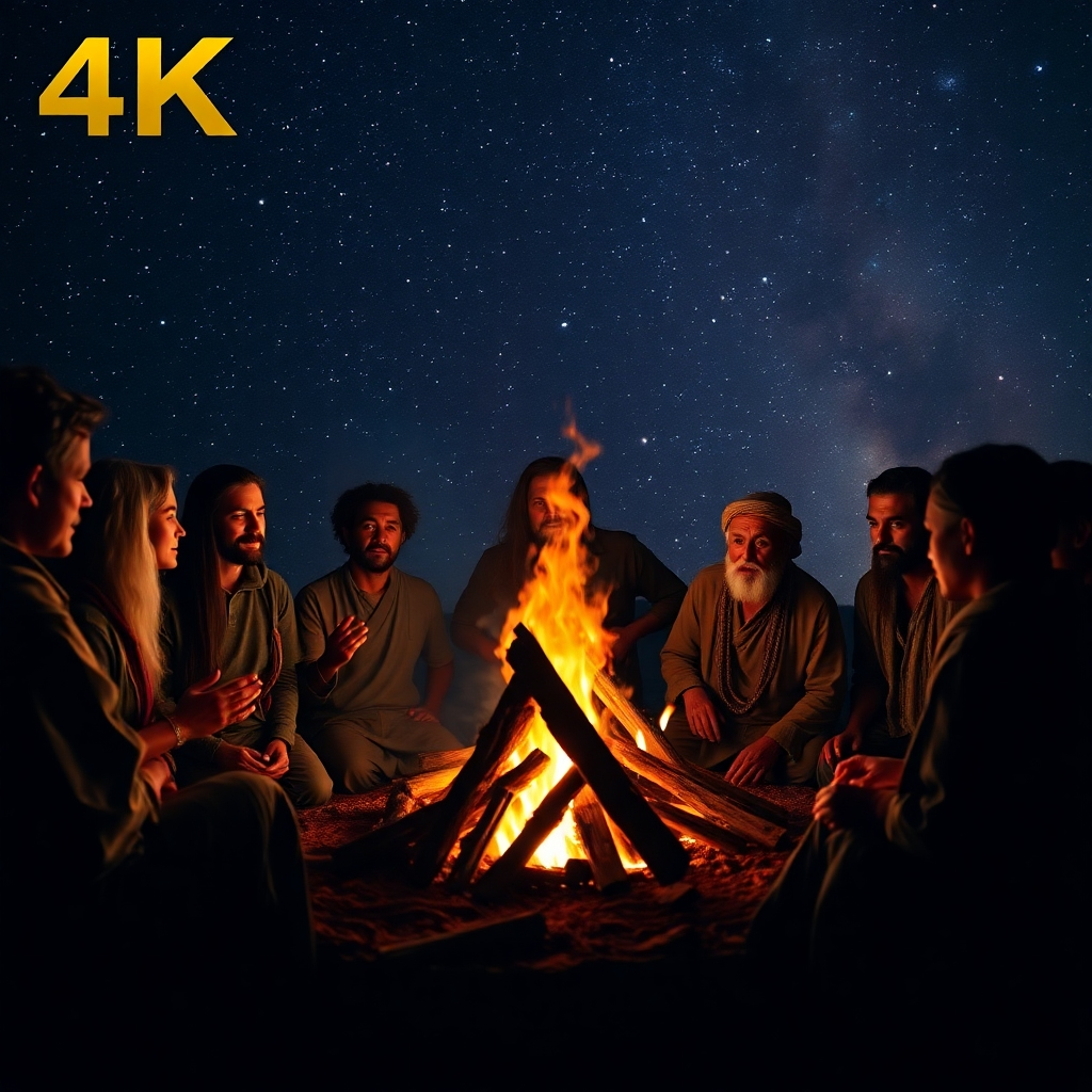 Visualize a group of people gathered around a sacred fire, paying homage to their ancestors. The fire is burning brightly, illuminating their faces with a warm glow. The background is a starry night sky, representing the connection between the earthly and spiritual realms. Style: Photorealistic with a touch of spiritual symbolism. 4K, High Quality.