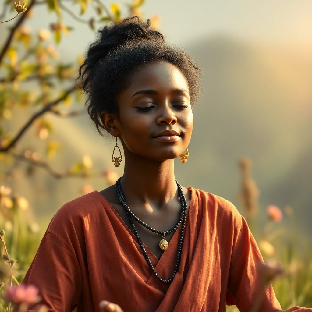 Visualize a person meditating in a peaceful setting, surrounded by the sounds of nature and Ifa music. The person's face is serene and content, reflecting the inner peace they have found through worship. The scene should convey a sense of tranquility and connection. Style: Photorealistic with a touch of spiritual symbolism. 4K, High Quality.