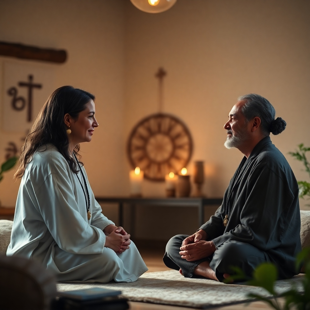 Visualize a serene and contemplative setting where an Ifa spiritual advisor is engaged in a heartfelt conversation with an individual seeking guidance. The environment should evoke a sense of peace and tranquility, perhaps with soft lighting, natural elements, and subtle Ifa symbols in the background. The focus is on portraying empathy, understanding, and the transformative power of spiritual counsel. Style: Warm and inviting, photorealistic, 4K, High Quality.