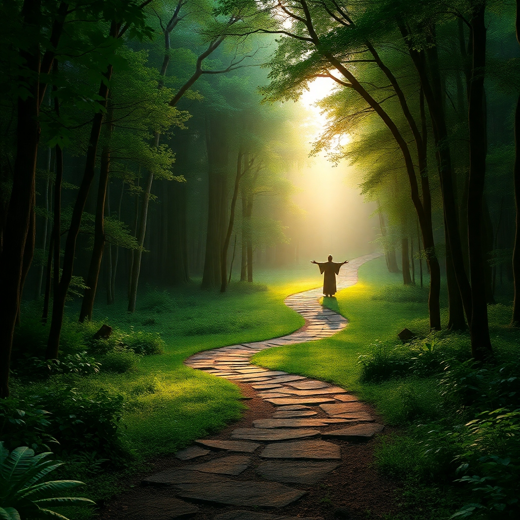 Visualize a winding path through a lush, green forest. At the end of the path, a radiant light illuminates a clearing where an Ifa priest stands, welcoming seekers with open arms. The scene should convey a sense of hope and guidance. Use a wide-angle lens to capture the vastness of the forest and the promise of the path ahead. Warm, inviting colors should dominate the palette. Style: Photorealistic with a touch of ethereal glow. 4K, High Quality.