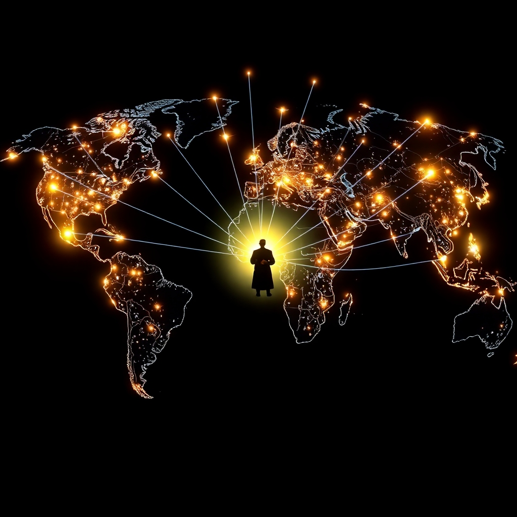Visualize a world map illuminated with glowing points connecting different continents. From each point, beams of light converge on a central location where an Ifa priest is performing a divination ritual. The image symbolizes the global reach of Ifa and the accessibility of its wisdom. Use a wide-angle lens to capture the vastness of the map. Colors should be vibrant and interconnected. Style: Stylized, with a focus on global connectivity. 4K, High Quality.
