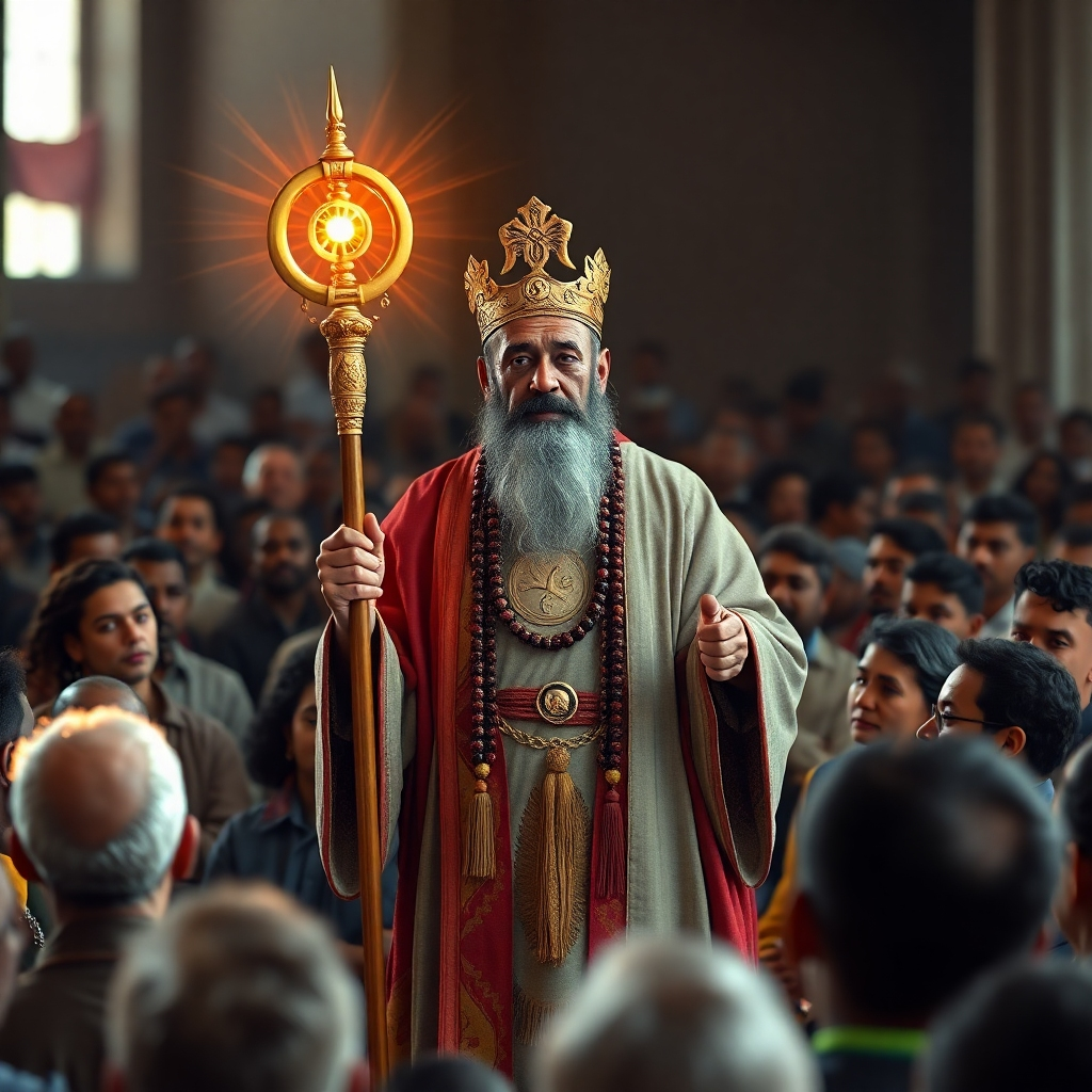 Visualize an Ifa priest standing before a crowd of people, radiating wisdom and compassion. The priest is holding a staff adorned with Ifa symbols, representing their authority and knowledge. The crowd is diverse and engaged, listening intently to the priest's words. Style: Photorealistic with a touch of inspirational portraiture. 4K, High Quality.