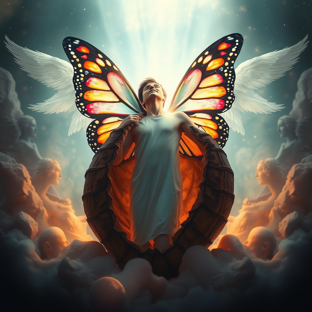 A breathtaking image of a person emerging from a cocoon, transformed into a beautiful butterfly. They are surrounded by light and energy, and angels are subtly visible in the background. The overall composition is uplifting and inspiring, conveying a sense of hope and renewal. Rendered in high resolution with vibrant colors and sharp details.