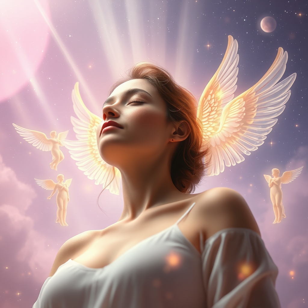 A breathtaking photorealistic image of a woman bathed in soft, ethereal light, eyes closed in peaceful meditation. She is surrounded by swirling, translucent angelic figures composed of light and energy. These angels are depicted in various poses of comfort, guidance, and protection. Subtle golden angel wings are gently emerging from her back, symbolizing her spiritual ascension and connection to the angelic realm. The background is a serene, star-filled night sky with soft, pastel hues of lavender, rose, and gold blending seamlessly. Light beams down from above, illuminating the woman and the angels. Include subtle textures of feathers and celestial dust. The overall atmosphere is one of tranquility, hope, and divine love. Camera angle is a slightly low angle, emphasizing the subject's connection to the heavens. Rendered in 8K resolution with hyperrealistic detail and soft, diffused lighting.