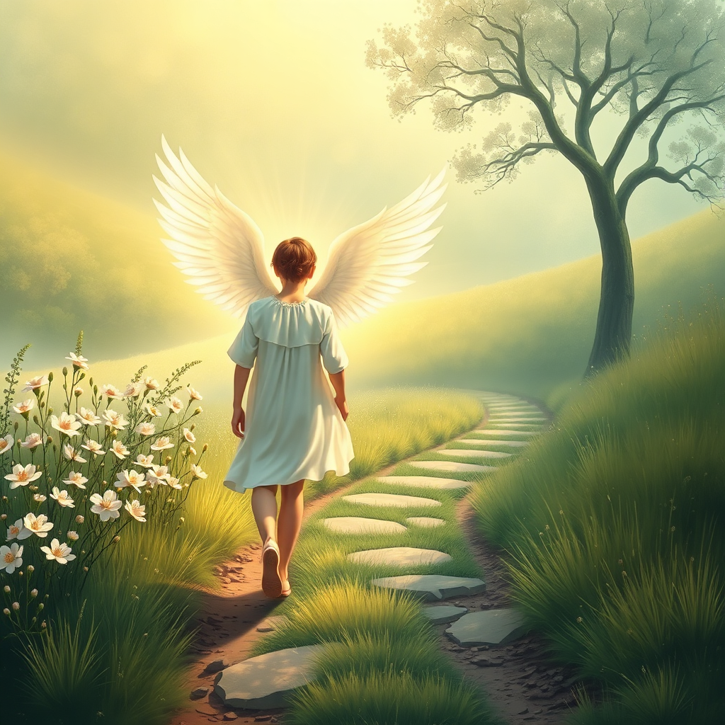 A heartwarming image of a person walking along a path, accompanied by a gentle, ethereal angel. The angel is subtly guiding the person forward, offering support and encouragement. The background is a lush, green landscape with blossoming flowers and towering trees, symbolizing growth and transformation. The color palette is warm and inviting, with shades of green, gold, and blue. Rendered in high resolution with soft, diffused lighting.