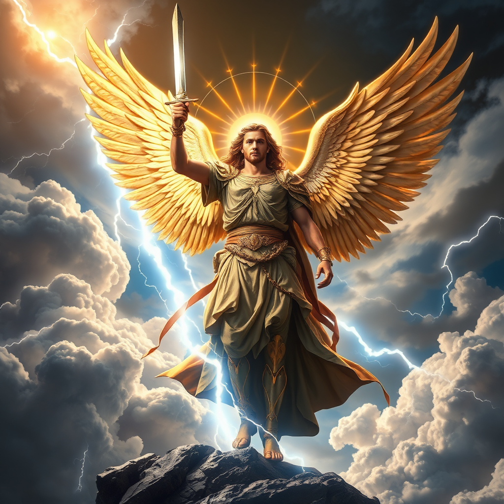 A powerful image of Archangel Michael standing tall with his sword raised, radiating strength and protection. He is surrounded by a golden aura and a swirling vortex of light. The background is a dramatic sky with billowing clouds and flashes of lightning, symbolizing the overcoming of challenges. The overall composition is dynamic and inspiring, conveying a sense of courage and divine power. Rendered in high resolution with vibrant colors and sharp details.