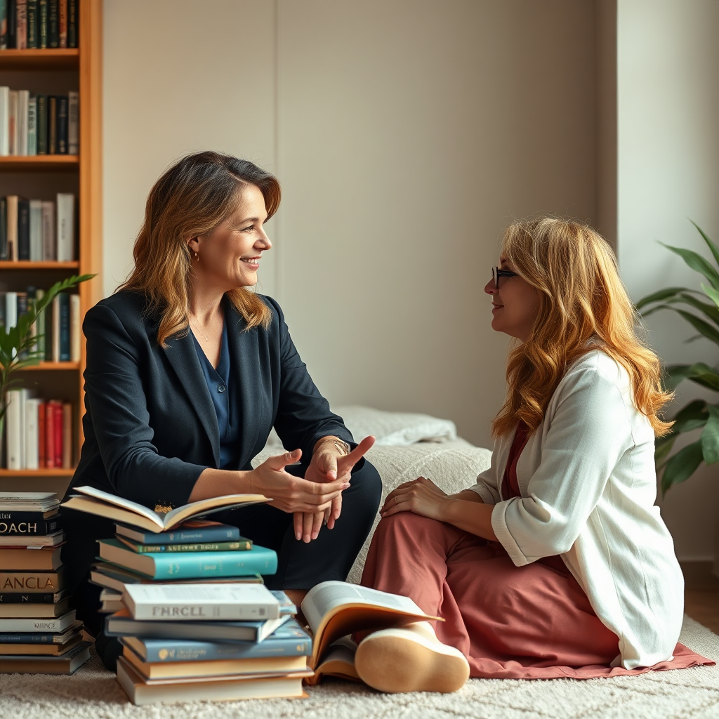 A professional and compassionate image of an angel coach sitting across from a client, offering guidance and support. They are surrounded by books and resources related to angel communication and spiritual growth. The overall composition is warm and inviting, conveying a sense of trust and understanding. Rendered in high resolution with soft, diffused lighting.