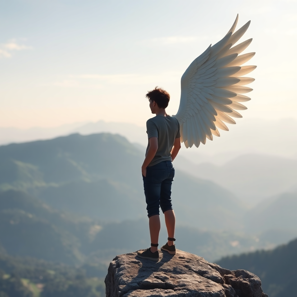 A serene image of a person standing at the edge of a cliff, looking out over a vast, beautiful landscape. An angel is standing behind them, offering support and guidance. The overall composition is balanced and harmonious, conveying a sense of peace and resilience. Rendered in high resolution with soft, diffused lighting.