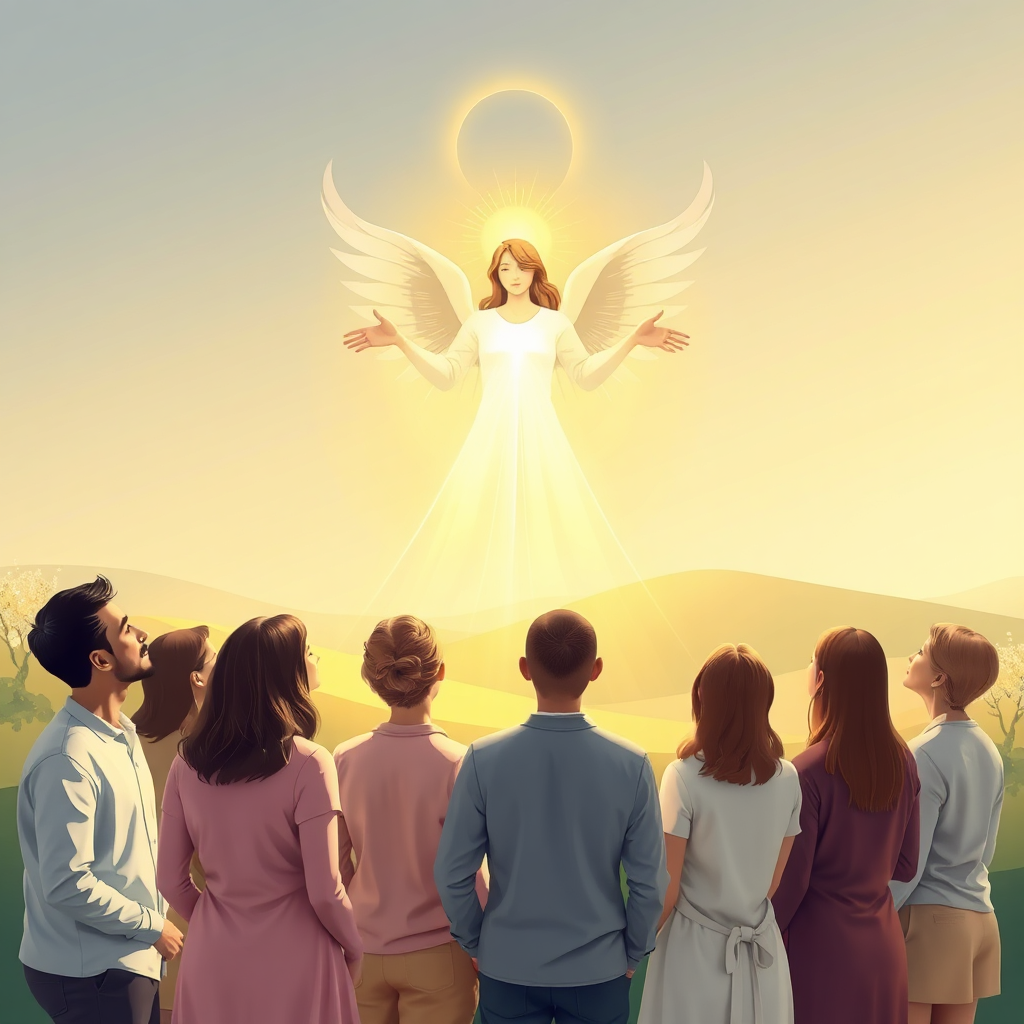 A stylized image depicting a diverse group of people standing together, looking upwards towards a radiant, loving angel made of pure light. The angel is extending its hands in a gesture of blessing and guidance. Each person is subtly connected to the angel by a thin, shimmering cord of light, representing their individual connection to the divine. The background is a gentle, abstract landscape suggesting growth and transformation, with subtle hints of rolling hills and blossoming trees. The color palette is warm and inviting, with soft golds, greens, and blues dominating. The overall style is uplifting and hopeful, conveying a sense of community and shared spiritual journey. Rendered in 4K resolution with high quality detail and soft, ambient lighting.