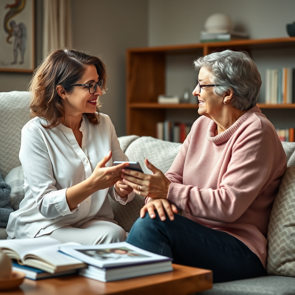 A supportive image of an angel coach working with a client, offering guidance and encouragement. They are surrounded by resources related to angel communication and spiritual growth. The overall composition is warm and inviting, conveying a sense of trust and understanding. Rendered in high resolution with soft, diffused lighting.