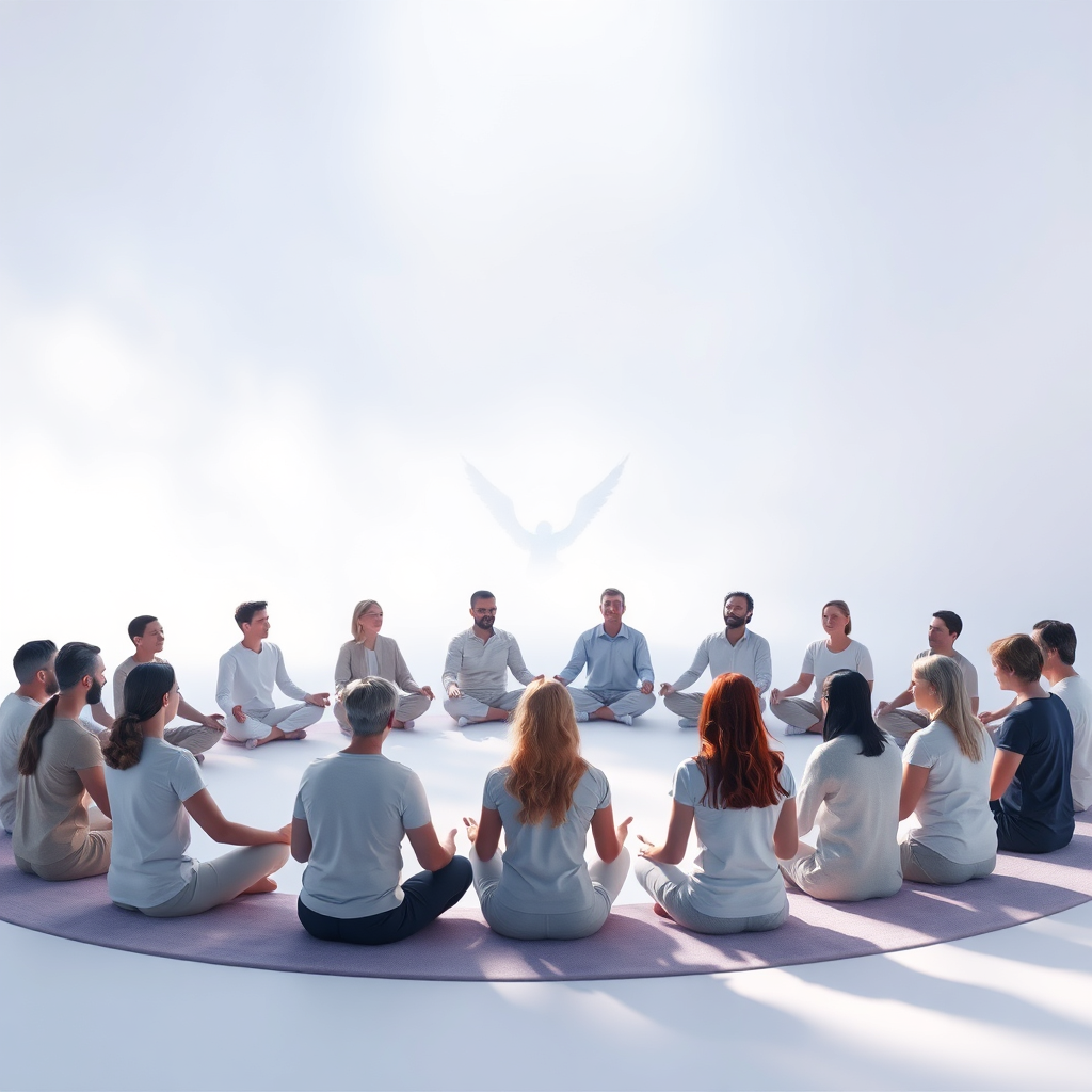 A visually appealing image of a group of people sitting in a circle, meditating together. They are surrounded by soft, ethereal light, and angels are subtly visible in the background. The color palette is calm and inviting, with shades of blue, lavender, and white. The overall atmosphere is peaceful and supportive. Rendered in high resolution with soft, diffused lighting.