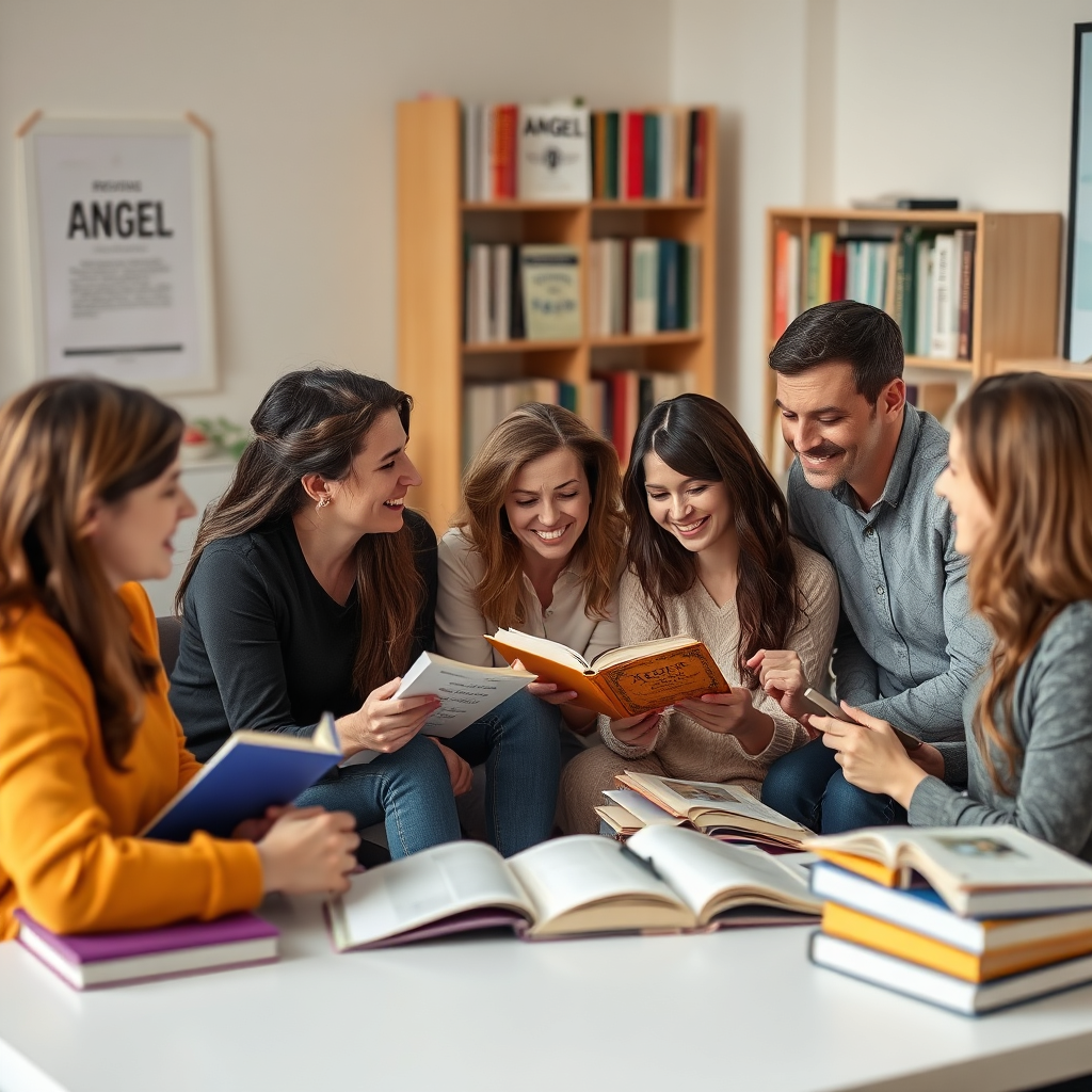 A visually appealing image of a group of people attending an angel course, engaged in learning and connecting with one another. They are surrounded by books and resources related to angel communication and spiritual growth. The overall atmosphere is positive and supportive. Rendered in high resolution with soft, diffused lighting.