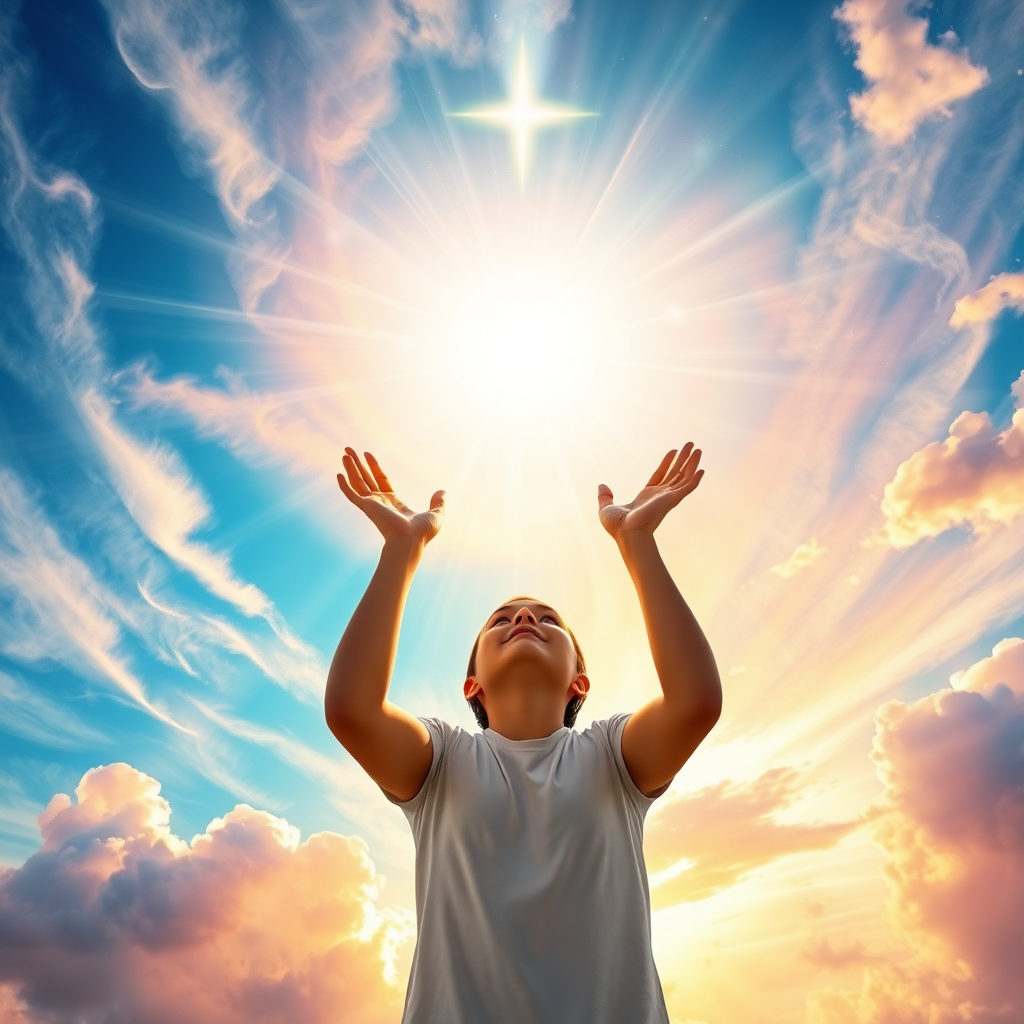A visually captivating image of a person holding their hands up to the sky, receiving a shower of light and energy. The light is swirling around them, activating their spiritual gifts and abilities. The background is a vibrant, colorful sky with swirling clouds and rays of light. The overall composition is uplifting and empowering, conveying a sense of joy and fulfillment. Rendered in high resolution with vibrant colors and sharp details.
