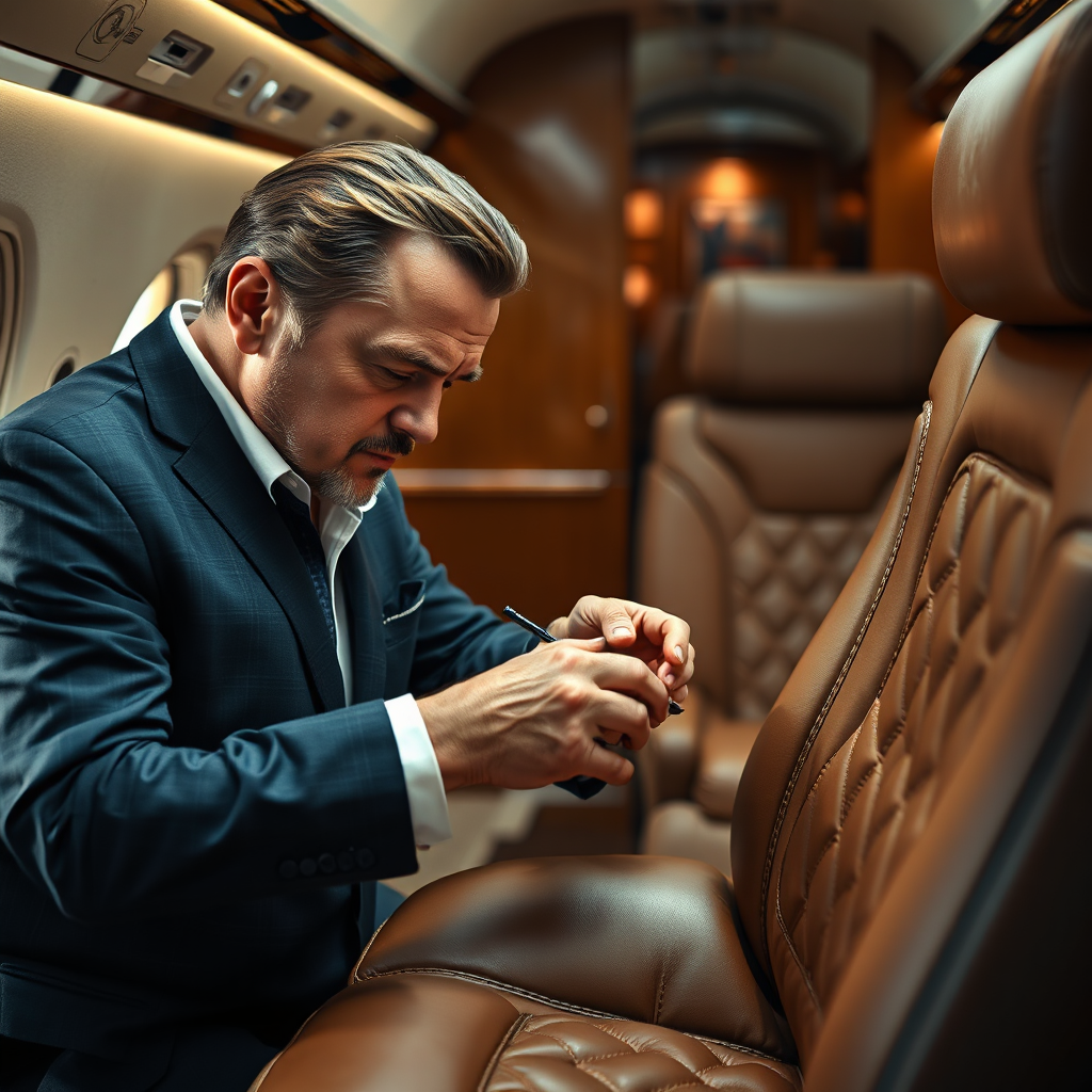 Create a 4K photorealistic image showcasing John DeCaprio working meticulously on a custom-designed aircraft seat. Focus on the intricate stitching and the quality of the leather. The lighting should be focused and professional, highlighting the precision and skill involved. The background should show a portion of a luxurious private jet interior, slightly blurred to keep the focus on John. He should be wearing professional attire and appear dedicated to his craft. Color palette should be warm and inviting, conveying luxury and attention to detail. The style should be reminiscent of a high-end craftsman's workshop. Textures should emphasize the quality of the materials and the precision of the workmanship. Composition should convey professionalism and expertise.