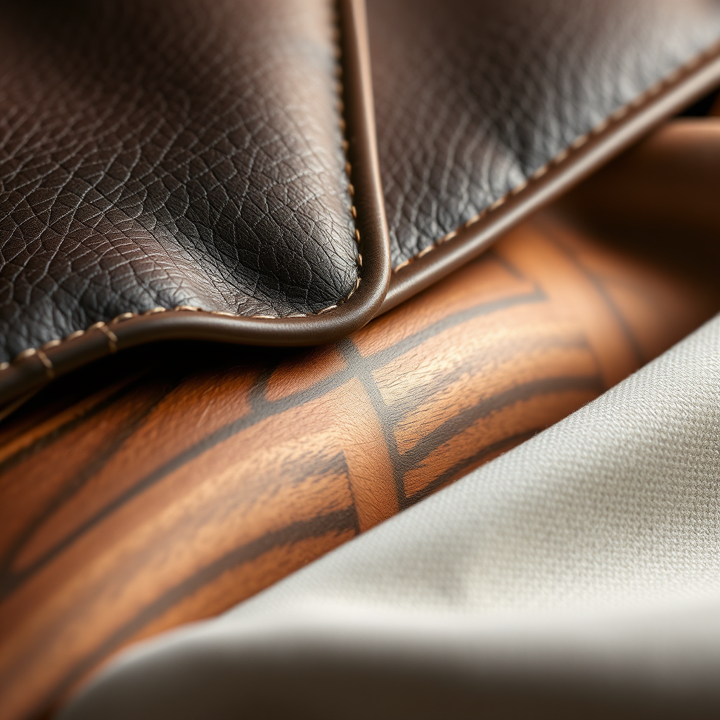 Create a close-up, photorealistic image showcasing a selection of luxurious materials, including premium leather, exotic wood veneers, and fine fabrics. The lighting should highlight the textures and details of each material. The overall style should be opulent and refined.