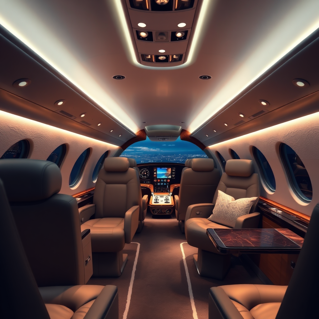 Create a photorealistic image showcasing the ambient lighting in a private jet interior. The lighting should be soft and adjustable, creating a warm and inviting atmosphere. The background should show a portion of a luxurious cabin at night.