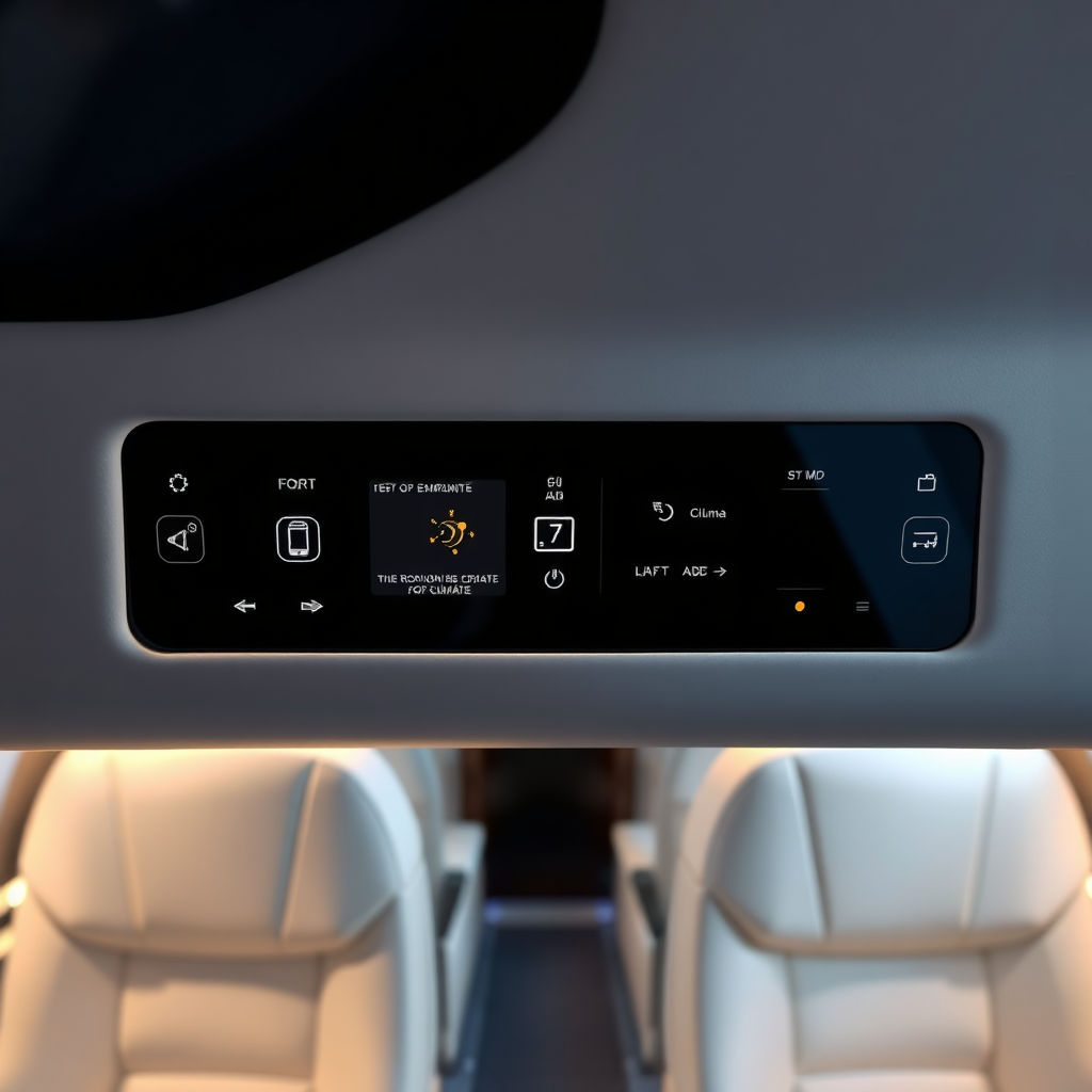 Create a photorealistic image of a sleek, integrated control panel within a private jet interior. The panel should feature touch-sensitive controls for lighting, entertainment, and climate. The lighting should be subtle and modern, highlighting the advanced technology. The background should show a portion of a luxurious cabin.