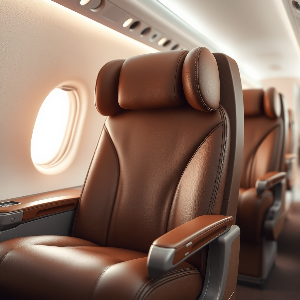 Create a photorealistic image of a sumptuously designed aircraft seat upholstered in premium leather, showcasing its ergonomic design and plush comfort. The lighting should be soft and inviting, highlighting the textures and details of the leather. The background should be subtly blurred, suggesting a luxurious jet interior. The color palette should be warm and inviting.