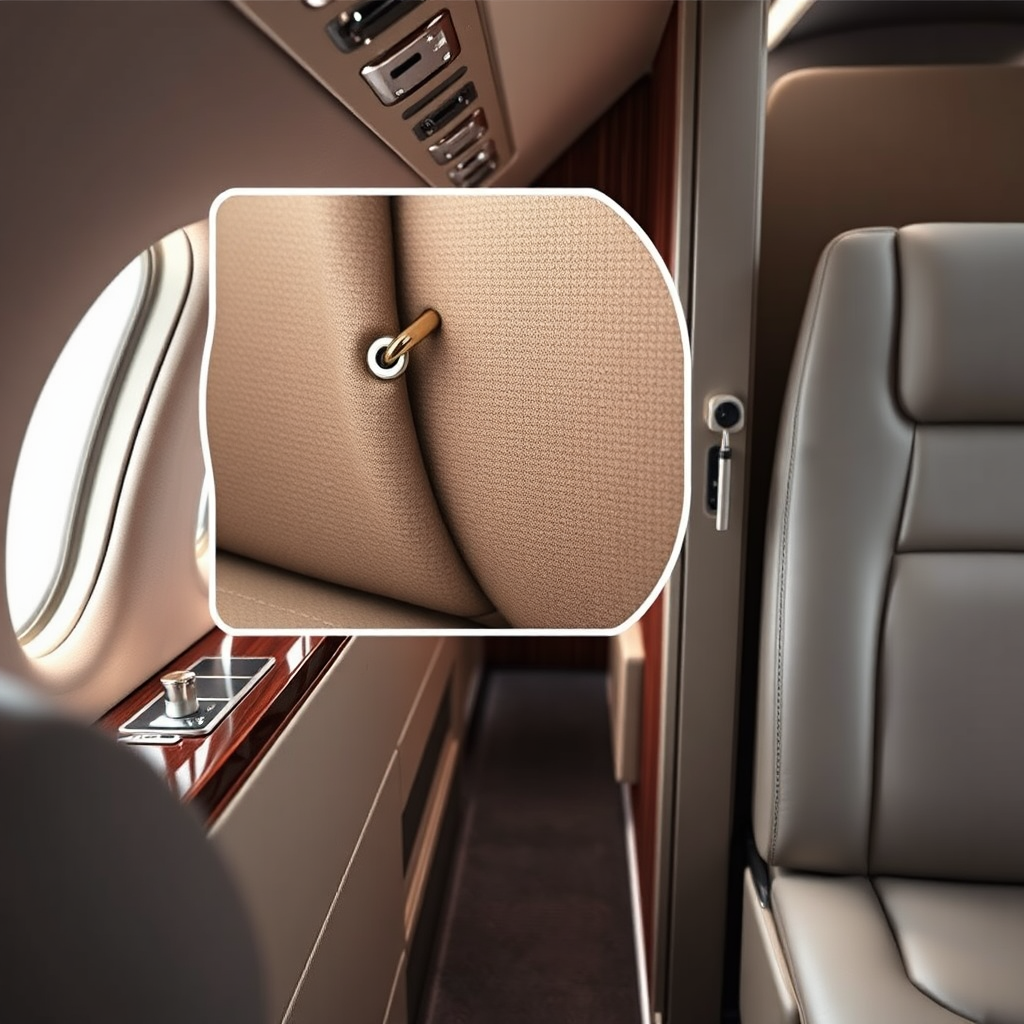 Create a photorealistic image showcasing a selection of meticulously crafted details in a private jet interior, such as custom-designed hardware, intricate stitching, and perfectly fitted panels. The lighting should highlight the quality of the workmanship.