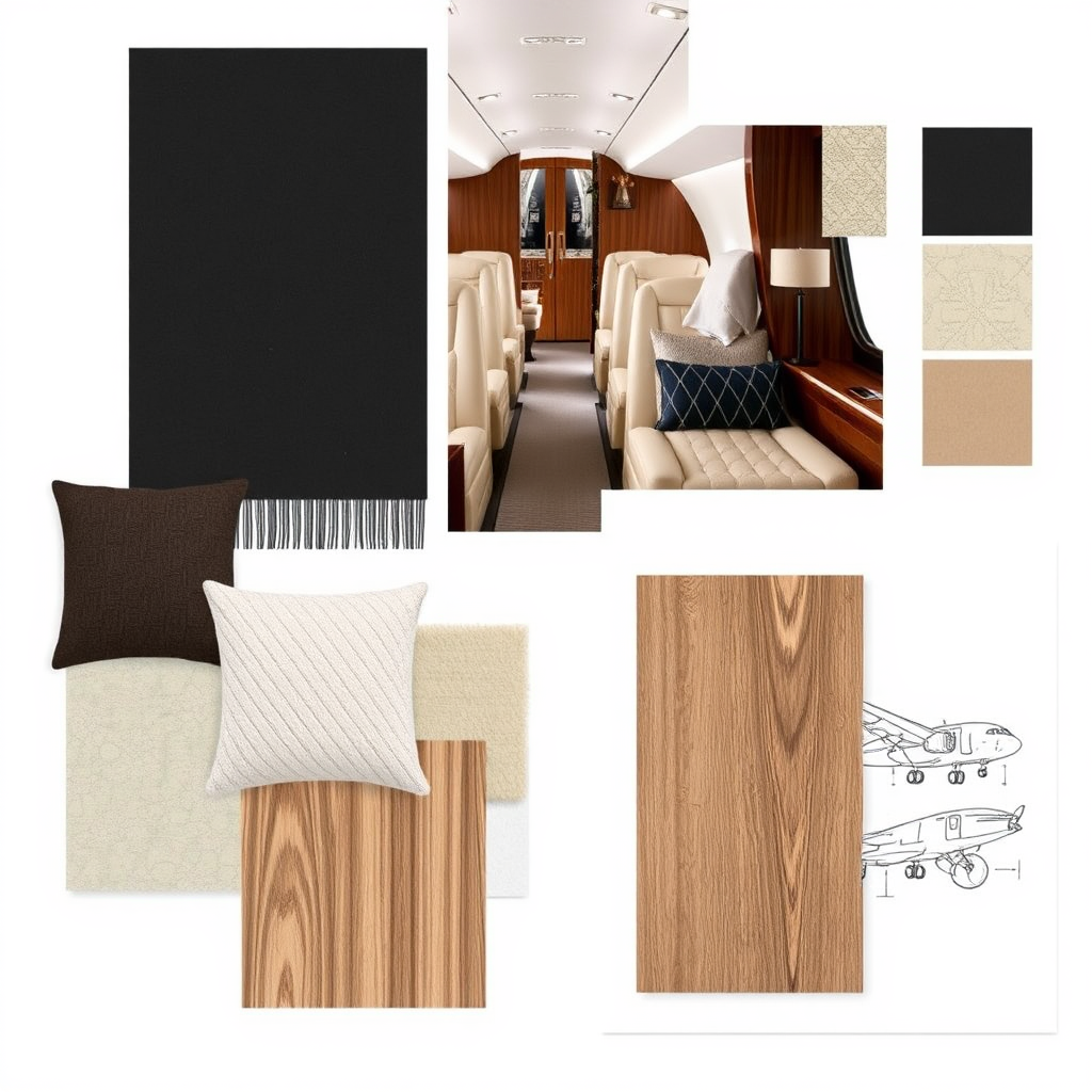 Create a stylized image showcasing a mood board for a luxury jet interior design. Include fabric swatches, wood samples, and design sketches. The overall style should be sophisticated and elegant, reflecting a blend of classic and contemporary elements. The color palette should be curated to evoke a sense of luxury and refinement.
