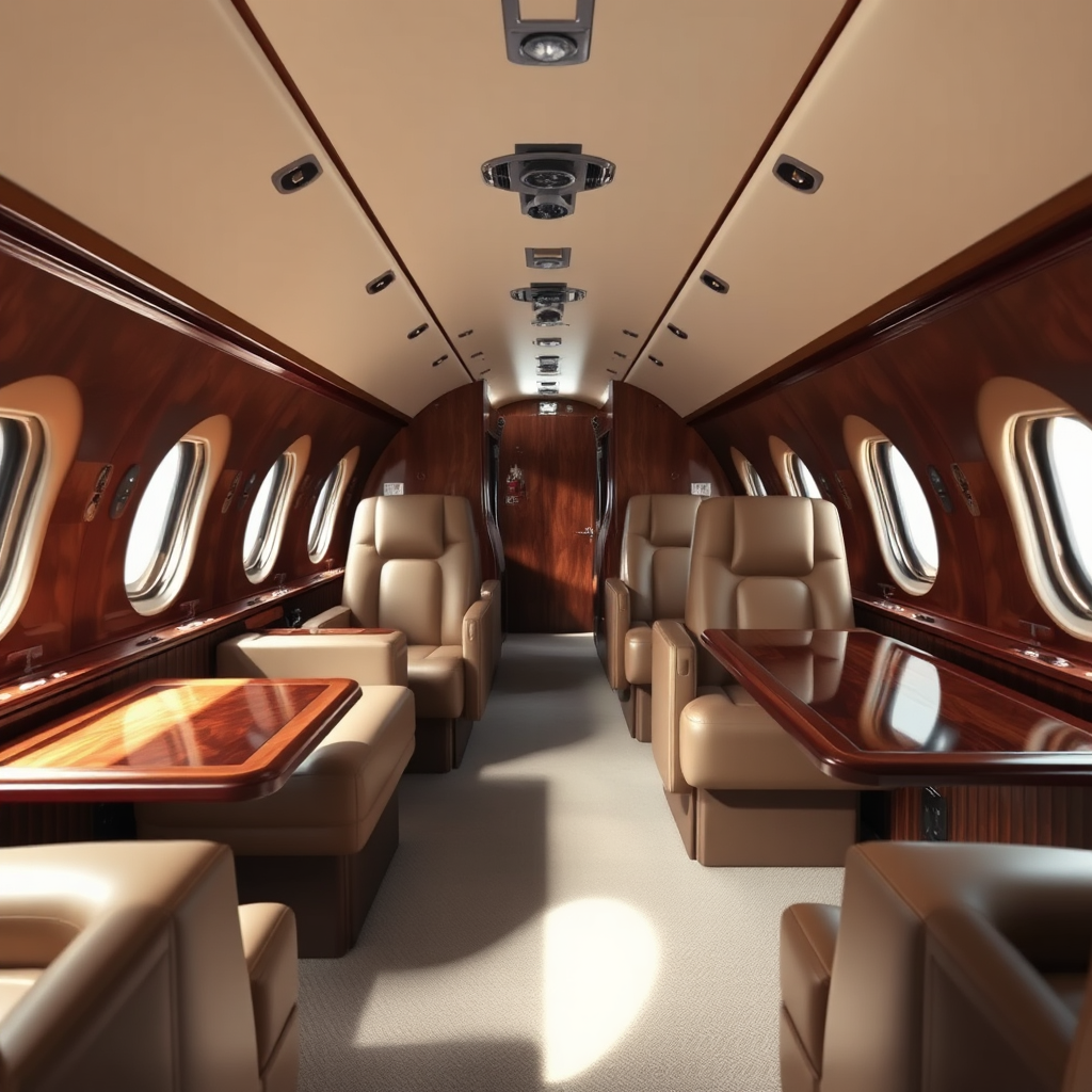 Create a stylized image showcasing a classic private jet interior, evoking a sense of timeless elegance and enduring quality. The style should be reminiscent of a vintage aircraft interior, with rich wood paneling and plush leather seating.