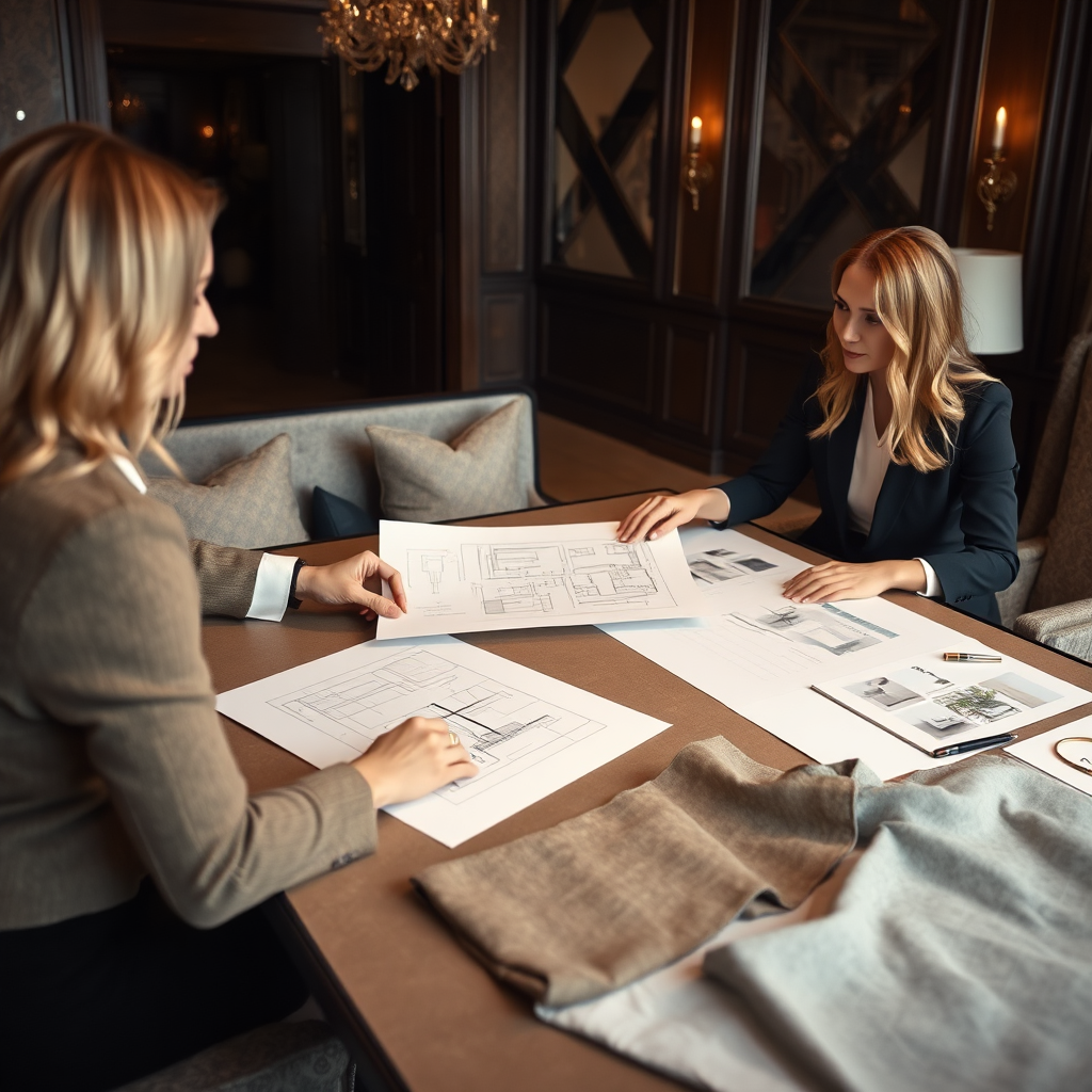 Depict an interior designer presenting design concepts to a client in a luxurious setting, with sketches and fabric samples laid out on a table. Showcase the collaborative process.