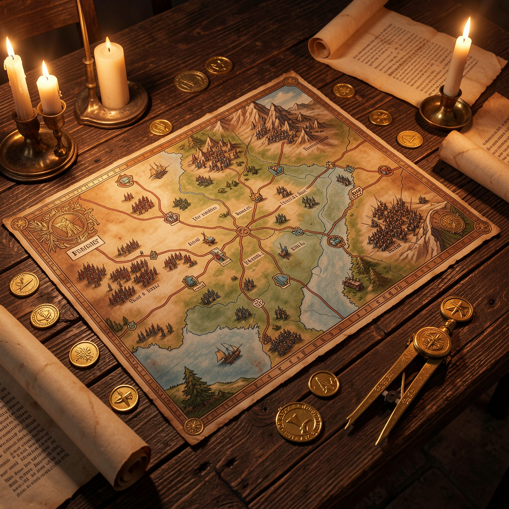 Medieval tactical war banner and drafting tools on dark wood