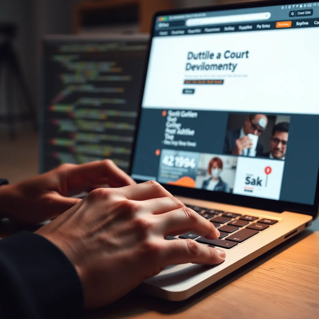 A close-up shot of a developer's hands typing code on a laptop, with the website design in the background. The website should be modern, clean, and interactive, showcasing the developer's skill and attention to detail.  The image should reflect the seamless integration of design and development.