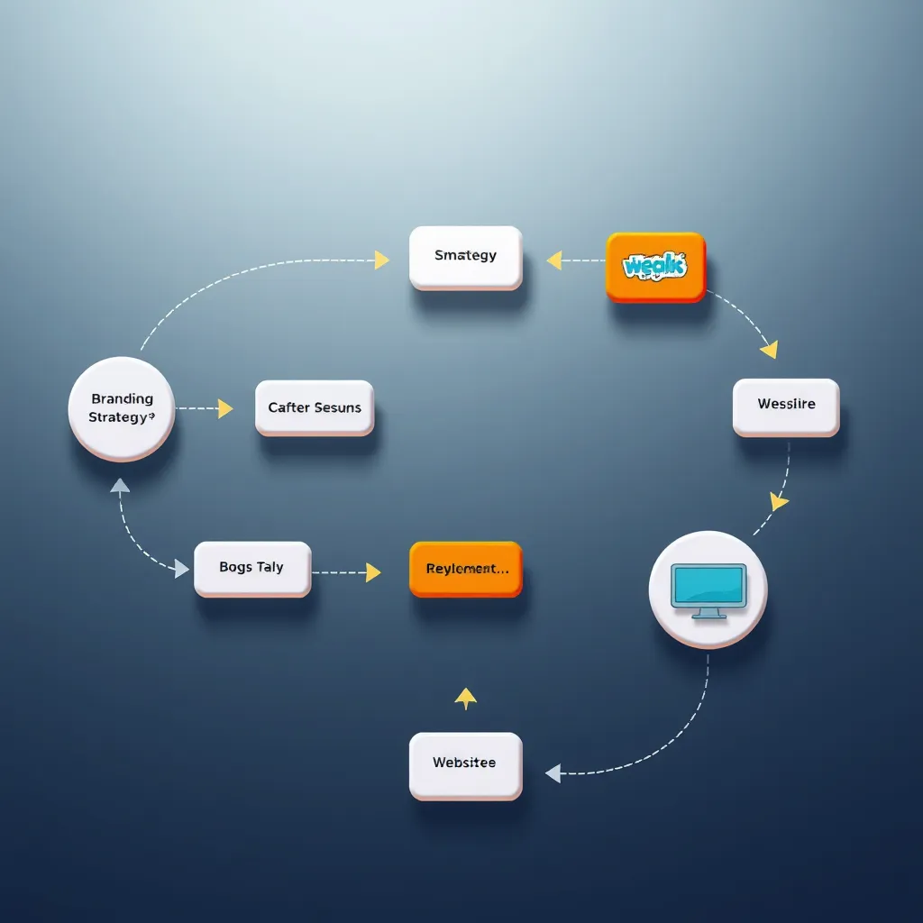 A flowchart illustration depicting a simplified process with a clear path from branding strategy to website development.  The flow should be visually appealing with bright colors and arrows connecting different stages of the process.