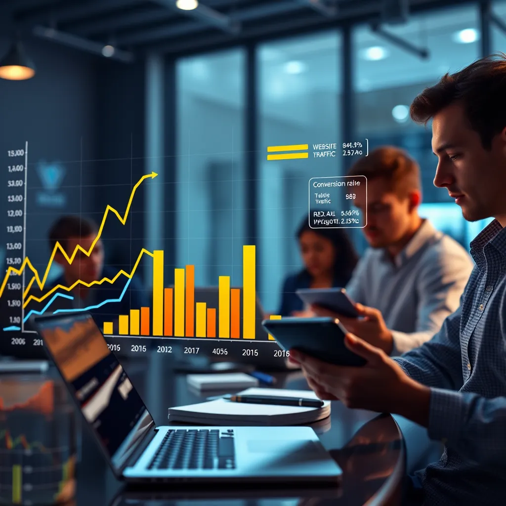 A graph or chart depicting website traffic, conversion rates, and other key performance indicators. The chart should be visually engaging, showing the positive impact of data-driven optimization. In the background, a team is working on laptops and tablets, analyzing the data and making informed decisions.