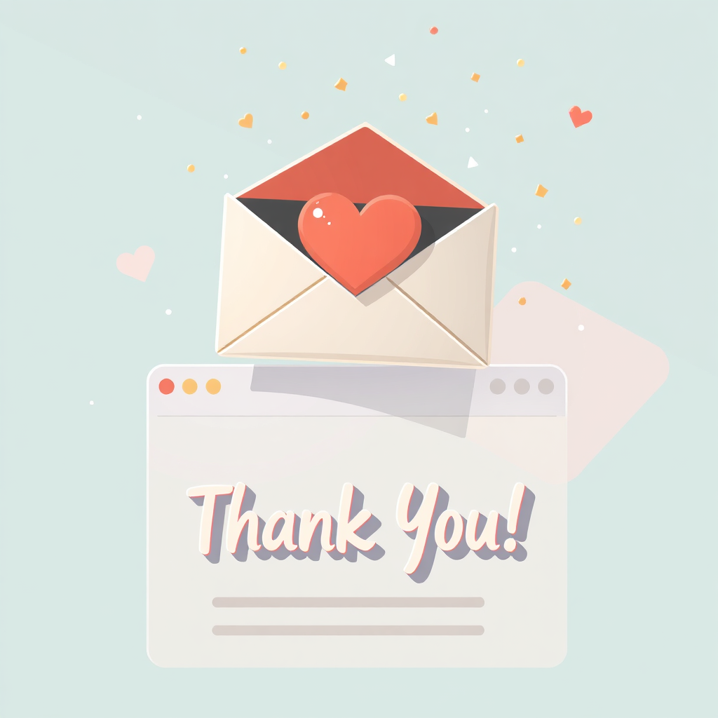A heartwarming digital illustration featuring a stylized envelope with a heart seal hovering above a vibrant, friendly webpage design. The webpage should display a clear "Thank You!" message in a modern, rounded font. Soft pastel colors like light blue, mint green, and coral pink should dominate the color scheme. Tiny animated confetti particles gently float upwards, adding a touch of celebration. The overall scene should exude positivity and warmth, conveying a sense of appreciation and successful interaction. The background could feature subtle geometric patterns or abstract shapes to enhance visual interest without distracting from the core message.
