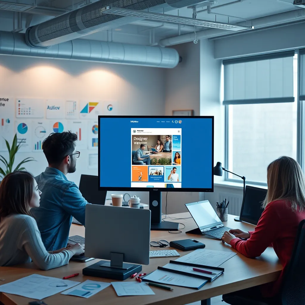 A modern office space with a team of designers and developers working collaboratively on a computer screen displaying a website mockup. There should be colorful branding elements and sketches scattered around the room, representing the creative process.