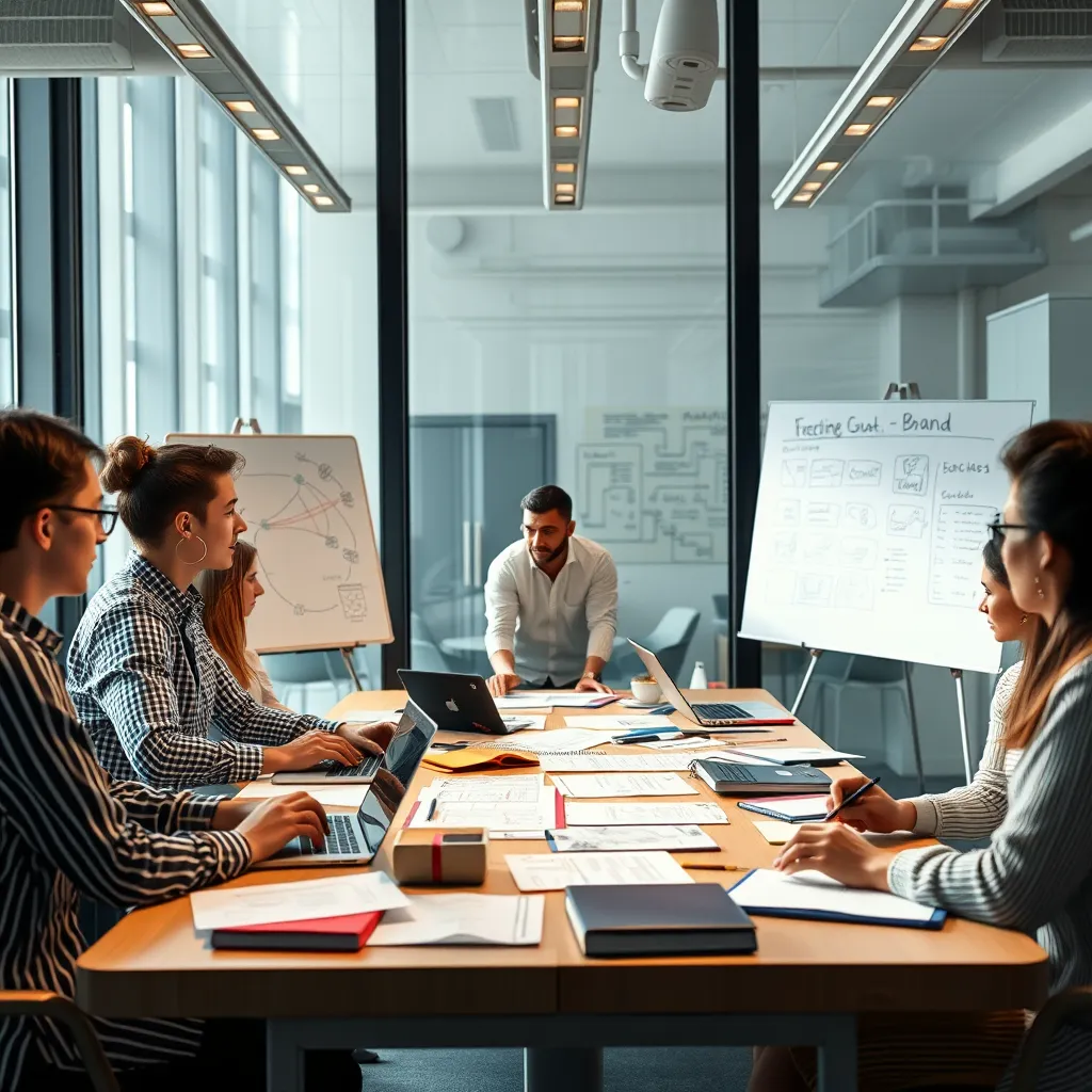 A modern office with a team of diverse people working together around a large table, brainstorming ideas and sketching on whiteboards.  The table is covered with papers, notebooks, and laptops, highlighting the collaborative process of brand development. The overall atmosphere should be energetic, creative, and focused.