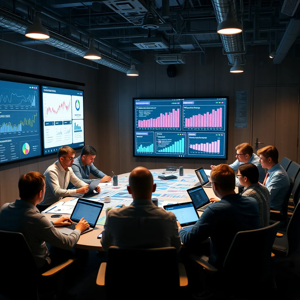 A photorealistic image depicting a digital marketing strategy meeting. A team of marketers is gathered around a large table, analyzing data and brainstorming ideas. The room is filled with charts, graphs, and digital screens displaying real-time analytics. The team is animated and engaged in a lively discussion, using laptops and tablets to access various tools and resources. The image should convey a sense of collaboration, data-driven insights, and strategic thinking. Focus on the details of the charts, graphs, and data visualizations, and capture the energy and focus of the team. Render this image in 8K resolution, with a focus on realistic lighting and shadows. The image should exude a sense of dynamism, intelligence, and strategic planning.